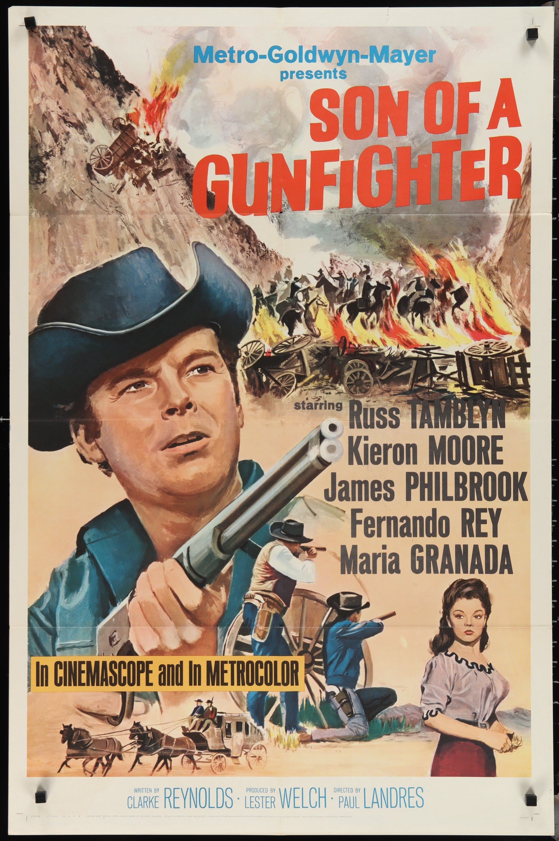 Vintage style movie poster for 'Son Of A Gunfighter' featuring a man in a hat and coat, holding a gun, with a Western town background.
