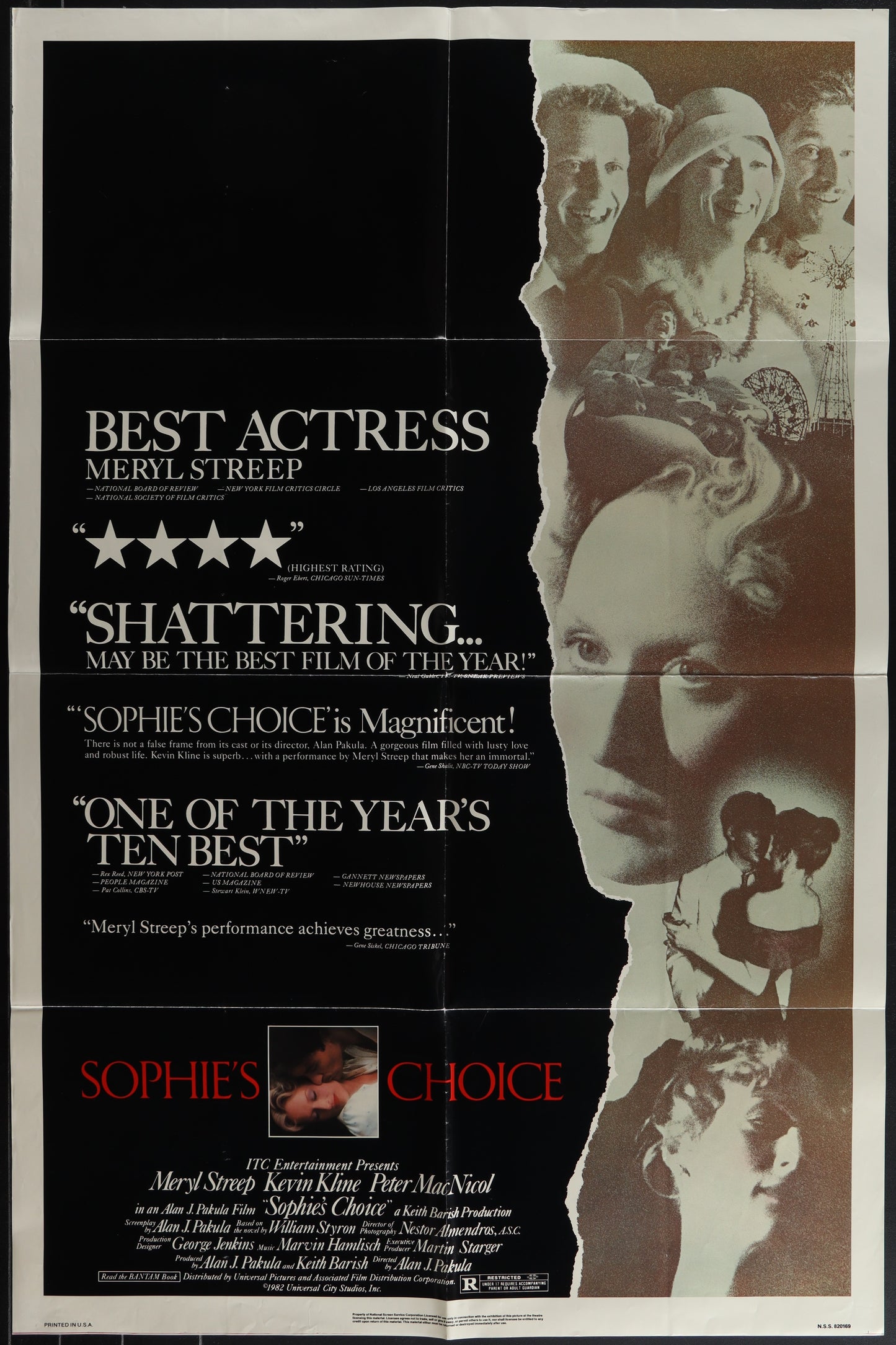 A Sophie's Choice 1982 Original US One Sheet Movie Poster featuring images of the actors and actress, with text including the movie title, director's name, and critic's comments.