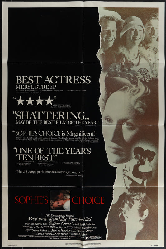 A Sophie's Choice 1982 Original US One Sheet Movie Poster featuring images of the actors and actress, with text including the movie title, director's name, and critic's comments.
