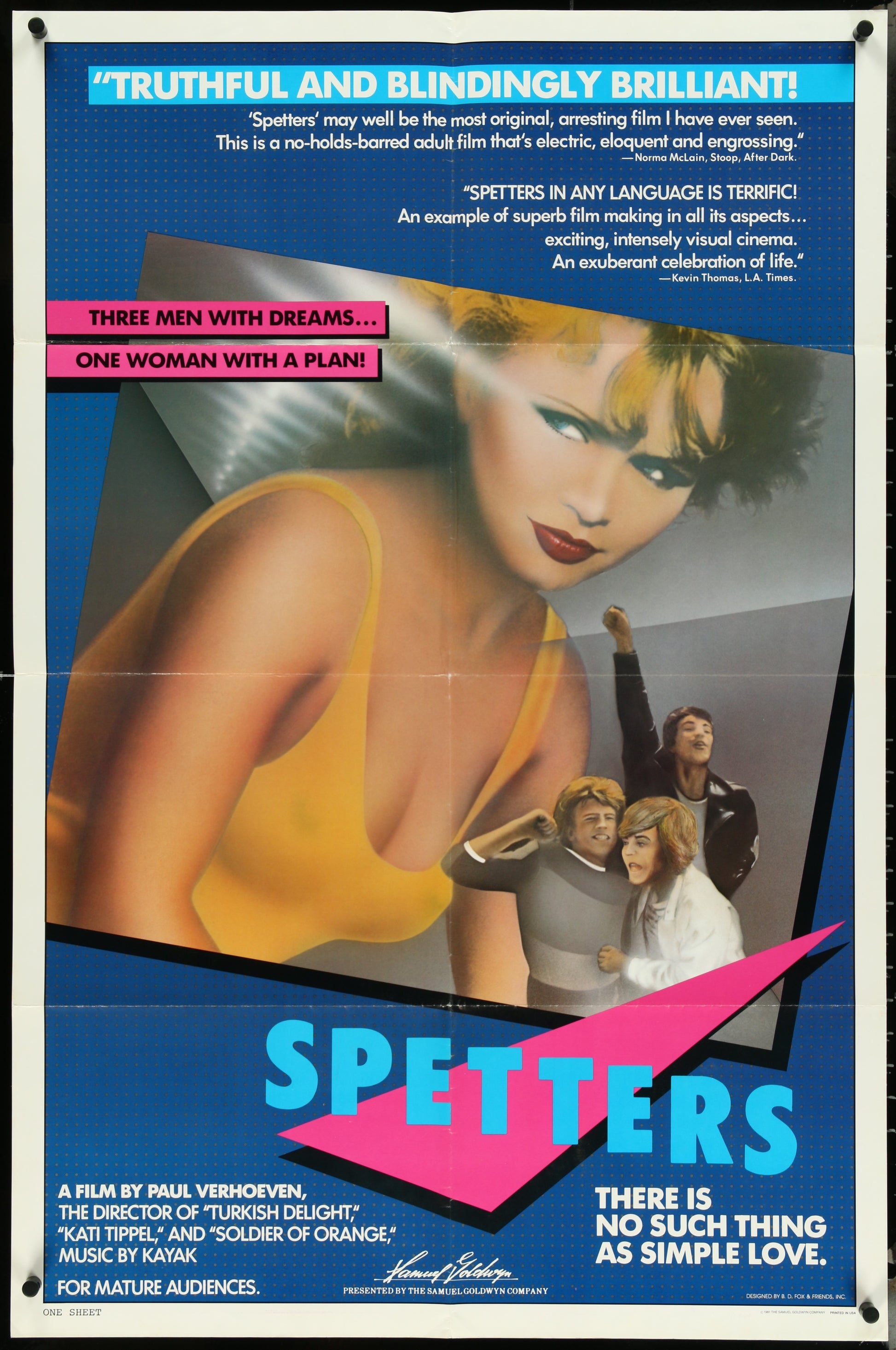 Vintage style movie poster for 'Spetters' featuring a woman in a yellow top center with a man in sunglasses and a leather jacket in the background, indicating a 1980s teen drama theme.