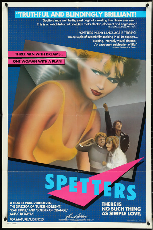 Vintage style movie poster for 'Spetters' featuring a woman in a yellow top center with a man in sunglasses and a leather jacket in the background, indicating a 1980s teen drama theme.
