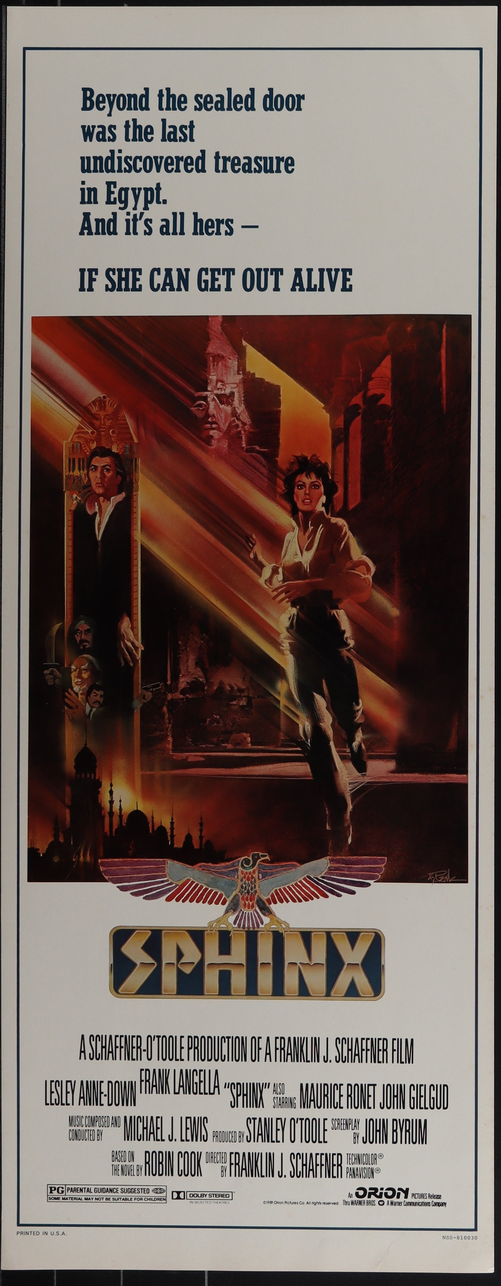 Vintage movie poster for 'Sphinx' featuring three characters prominently with a background of a cityscape on fire, and text including the movie title and a quote.