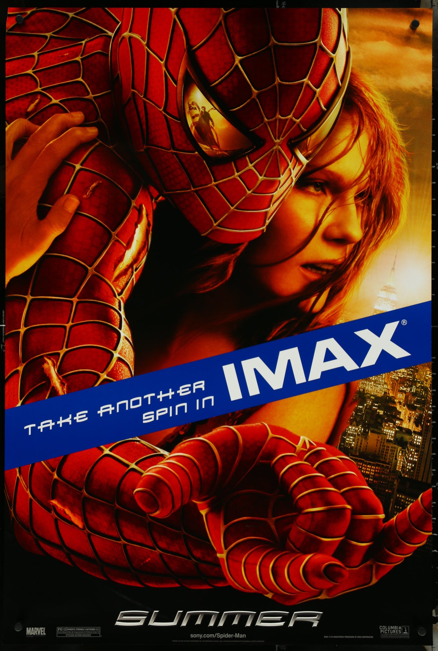 A vintage-style poster for 'Spider-Man 2' featuring a close-up of Spider-Man and a female character with a cityscape background.