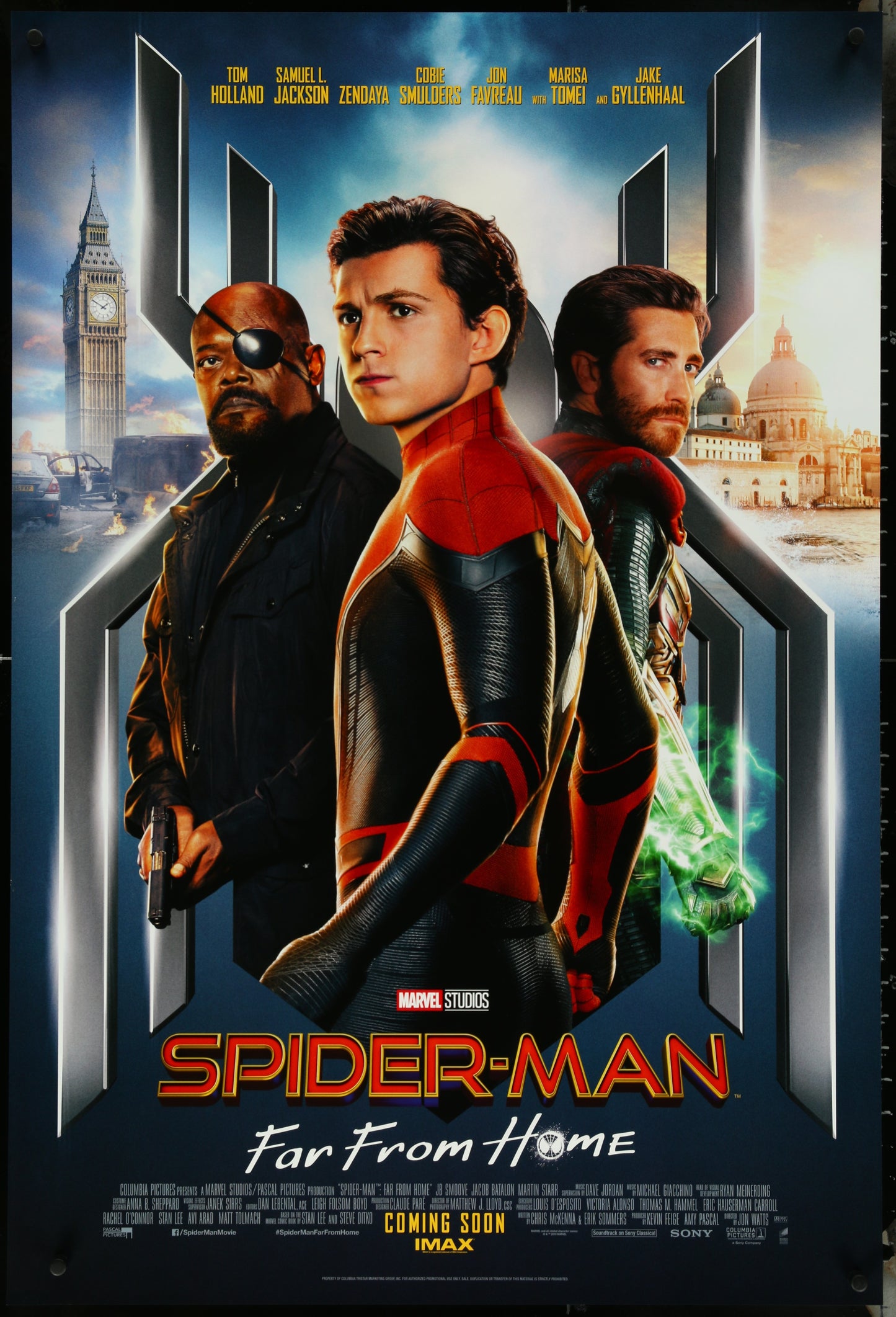 Original Spider-Man: Far From Home movie poster featuring characters Spider-Man, Nick Fury, and Mysterio.