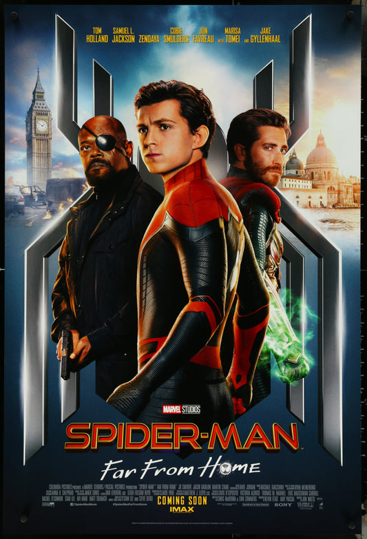 Original Spider-Man: Far From Home movie poster featuring characters Spider-Man, Nick Fury, and Mysterio.