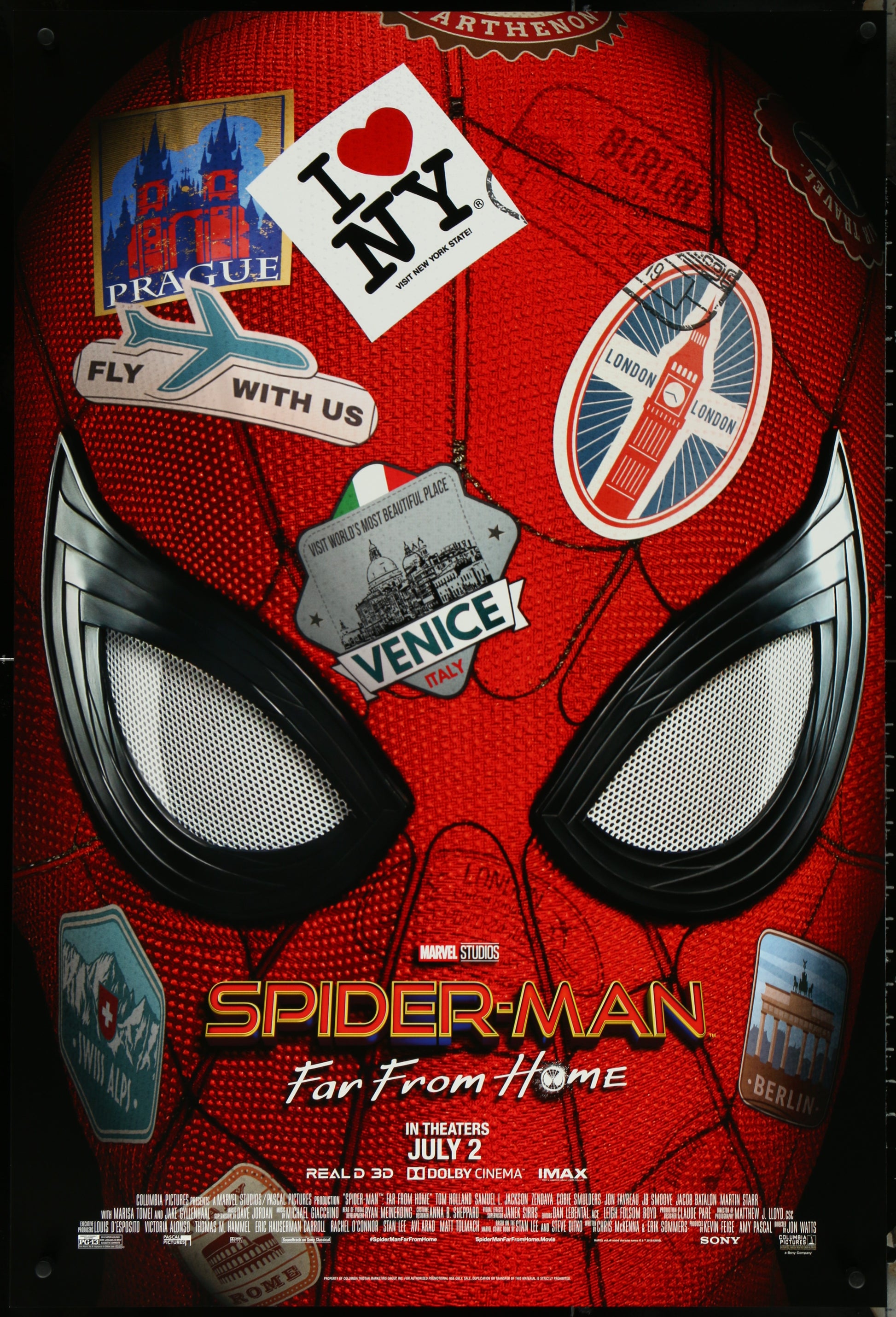 Original US one sheet movie poster for Spider-Man Far From Home featuring the character's face with red and blue colors and various stickers and text.