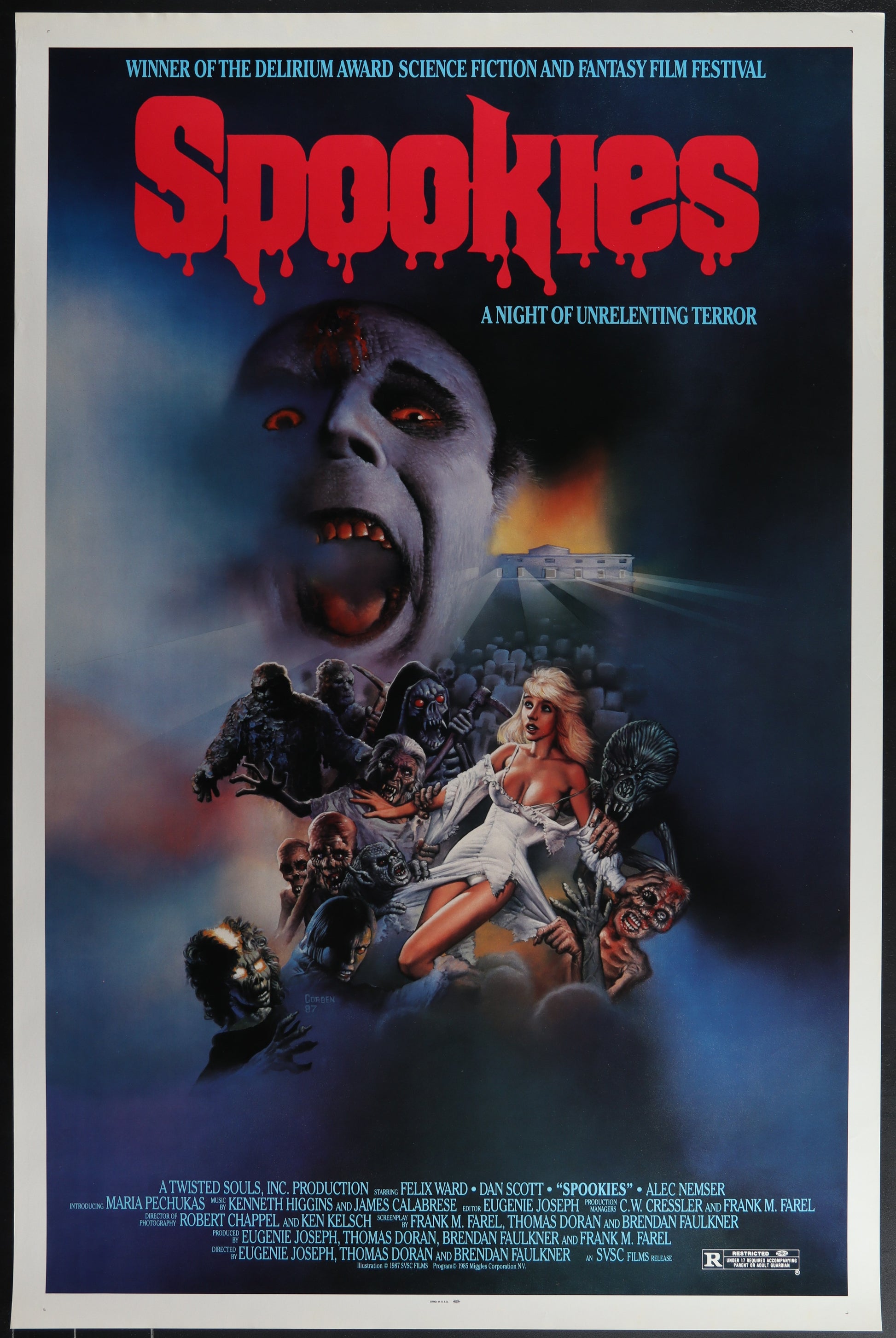Original one-sheet movie poster for the 1987 film 'Spookies' featuring artwork by Richard Corben with a depiction of a zombie and other horror elements.