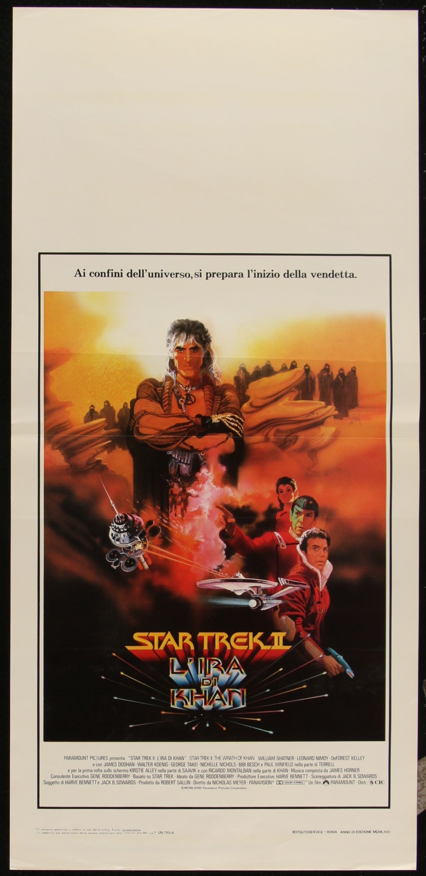 Original Italian movie poster for Star Trek II: The Wrath Of Khan featuring characters and a spaceship on a vibrant orange and yellow background.