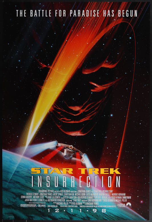 Original US one sheet movie poster for Star Trek Insurrection featuring a space-themed background with a character in the foreground.