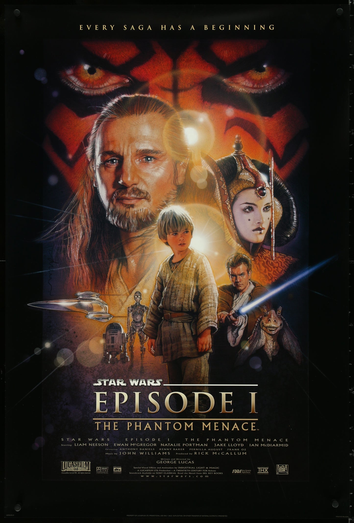 A vintage one-sheet movie poster for Star Wars Episode I: The Phantom Menace featuring character illustrations and a watermark on the bottom.