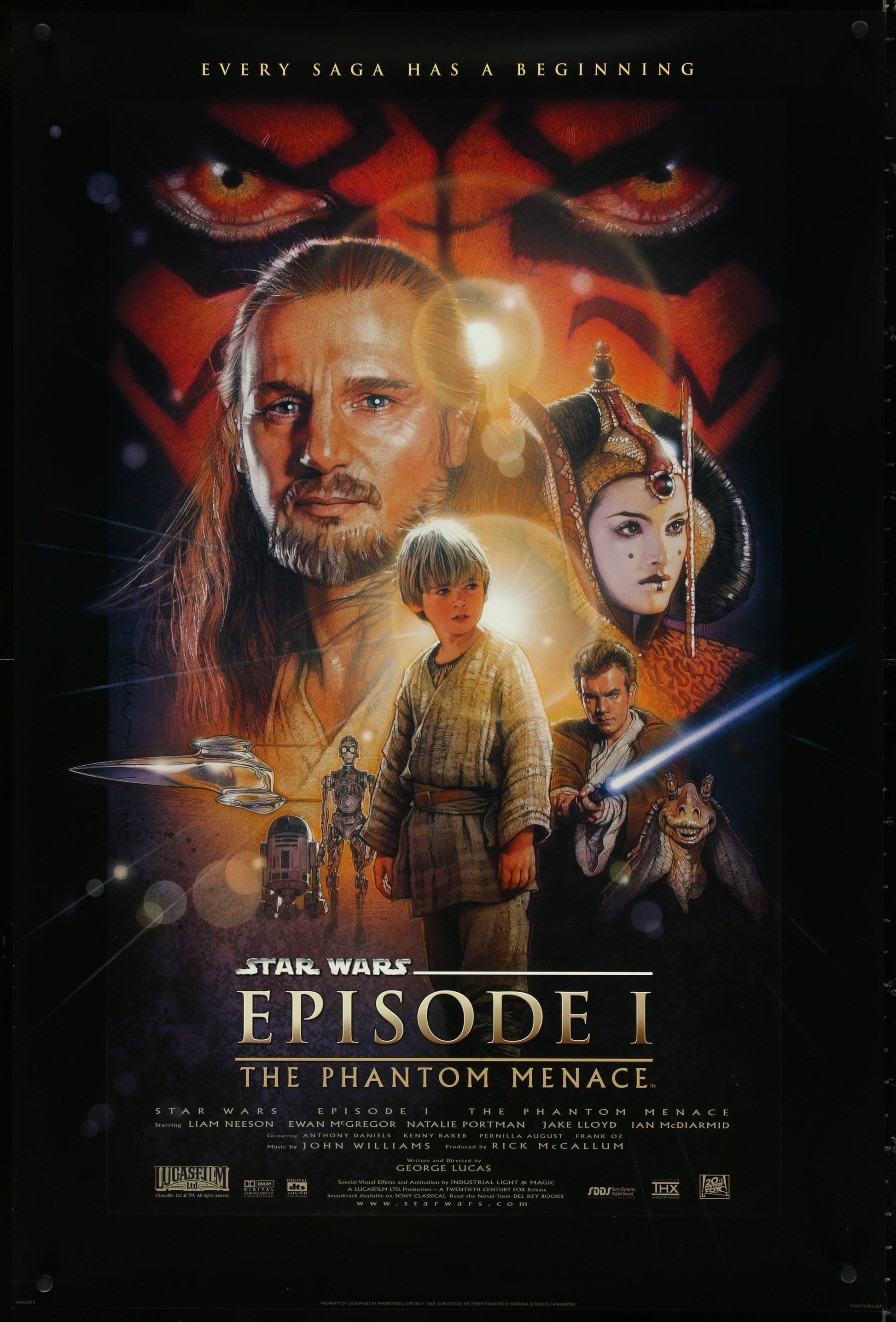 A vintage one-sheet movie poster for Star Wars Episode I: The Phantom Menace featuring character illustrations and a watermark on the bottom.