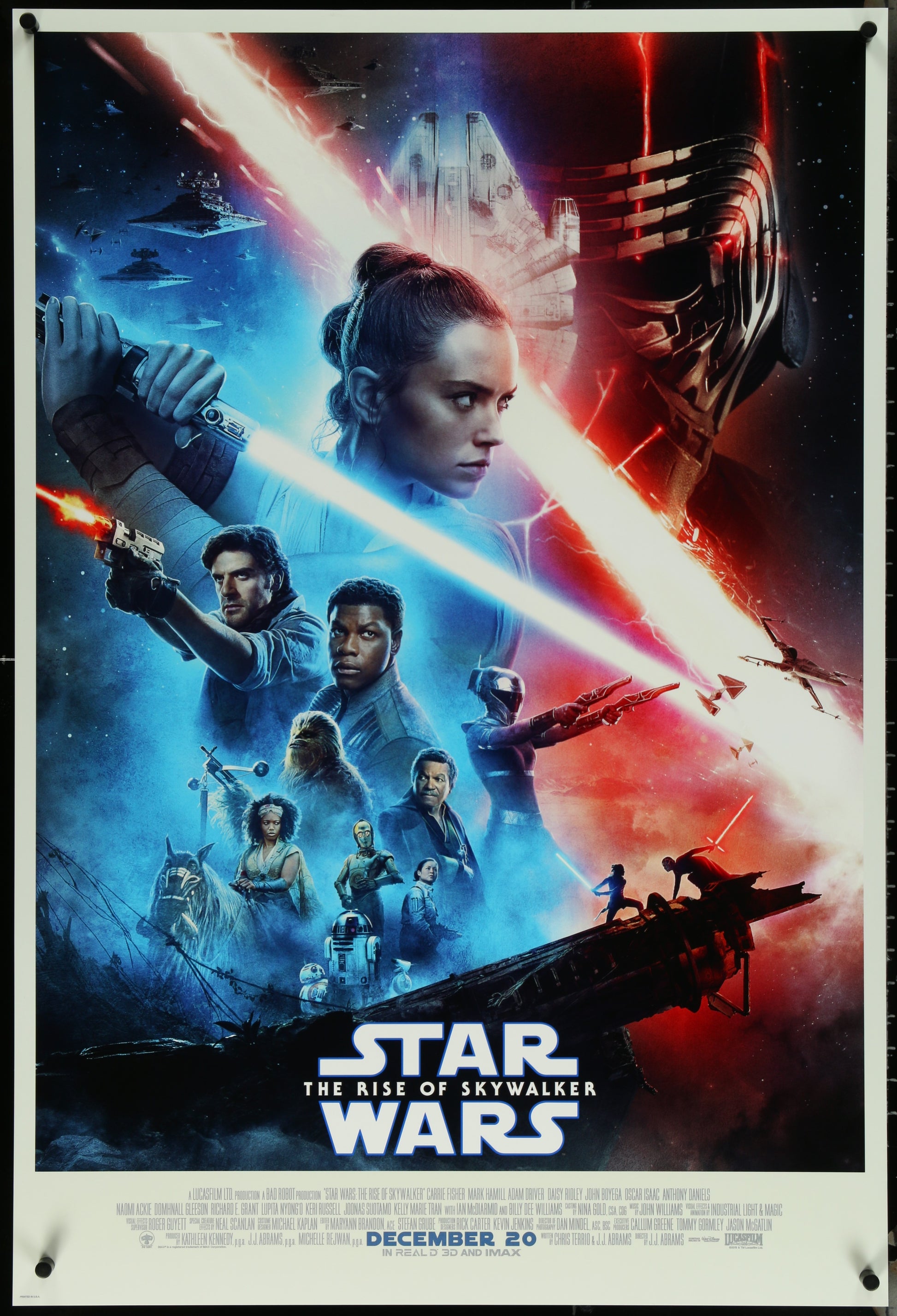 Original double-sided one-sheet movie poster for Star Wars: The Rise of Skywalker, featuring character portraits and a space battle scene.