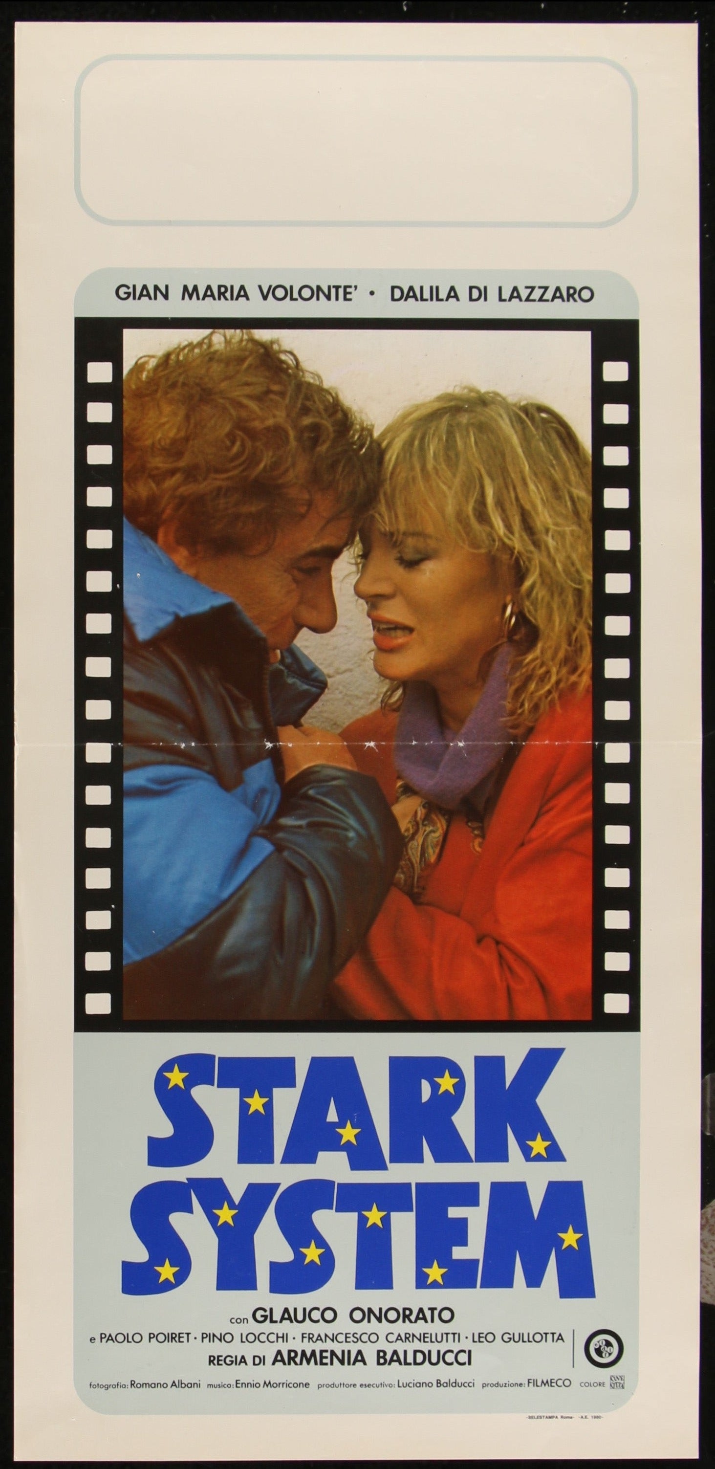 Original Italian movie poster for 'Stark System' featuring two characters embracing closely, with film details and credits at the top.