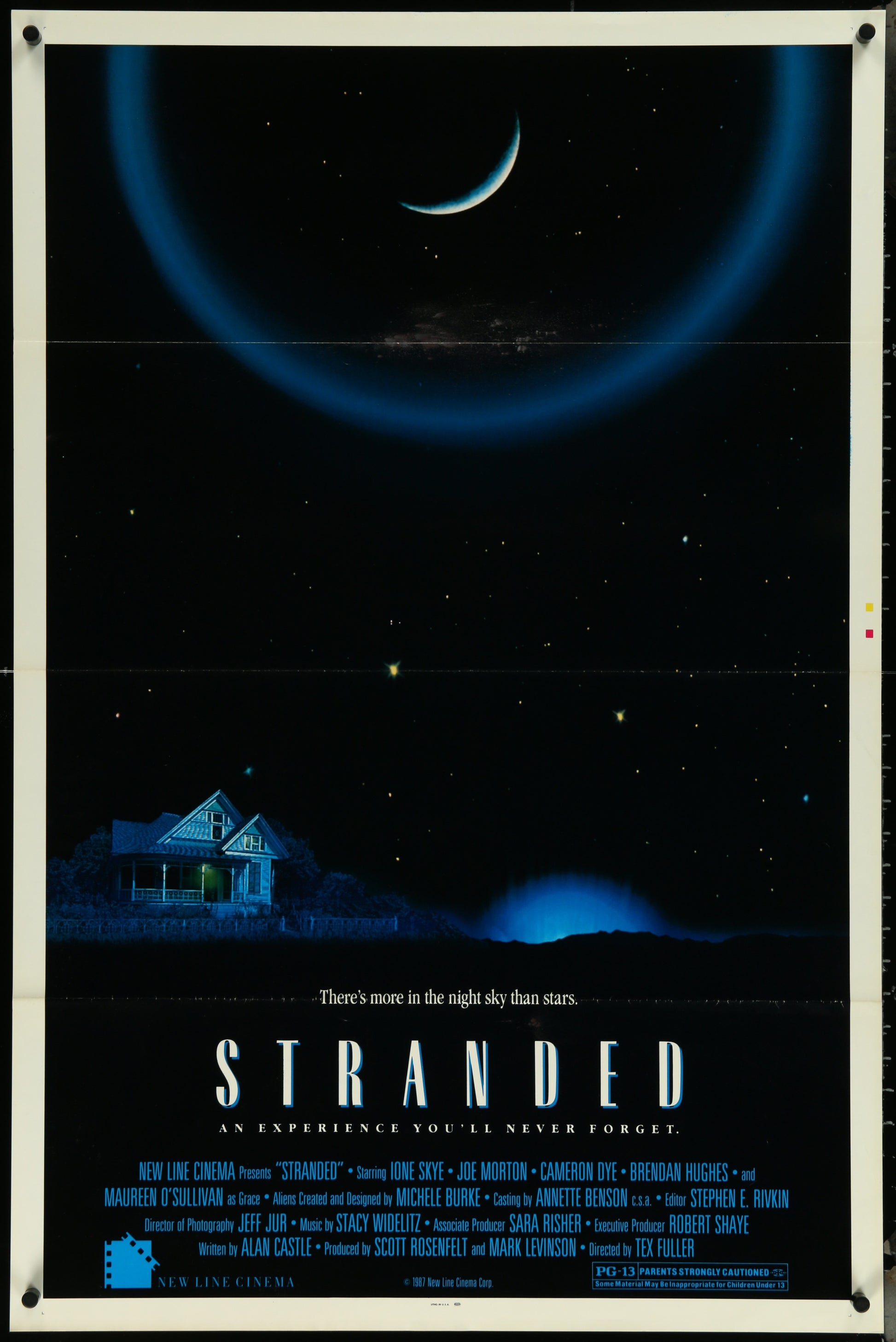 Original US one sheet movie poster for the film 'Stranded' featuring a house at night with a moonlit background and stars.