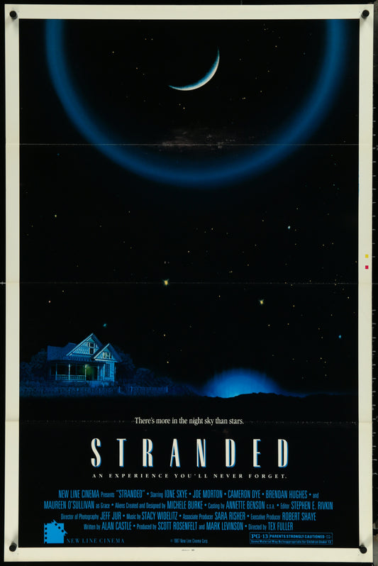 Original US one sheet movie poster for the film 'Stranded' featuring a house at night with a moonlit background and stars.