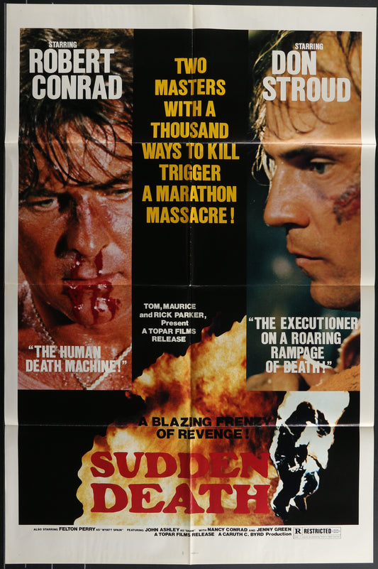 A vintage one-sheet movie poster for 'Sudden Death' featuring images of the main characters with a dramatic background.
