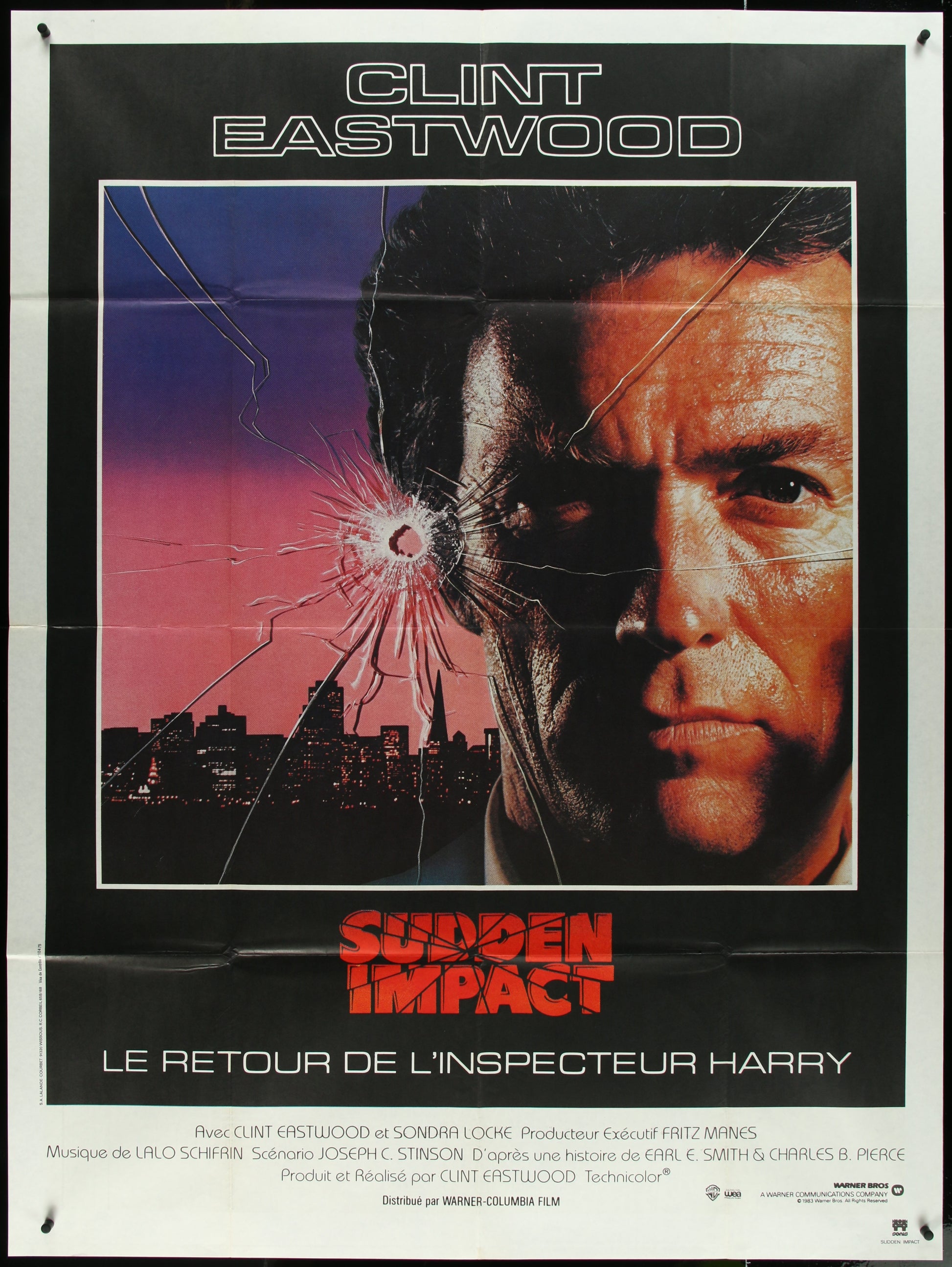 Vintage French one-panel movie poster for 'Sudden Impact' featuring a portrait of Clint Eastwood with a background of a cityscape at dusk.