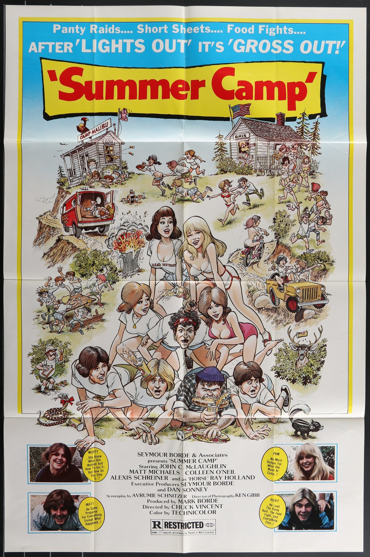 Vintage style 'Summer Camp' movie poster featuring cartoon-like illustrations of characters and scenes from the film.