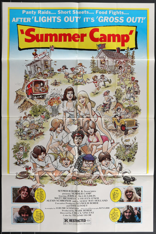 Vintage style 'Summer Camp' movie poster featuring cartoon-like illustrations of characters and scenes from the film.