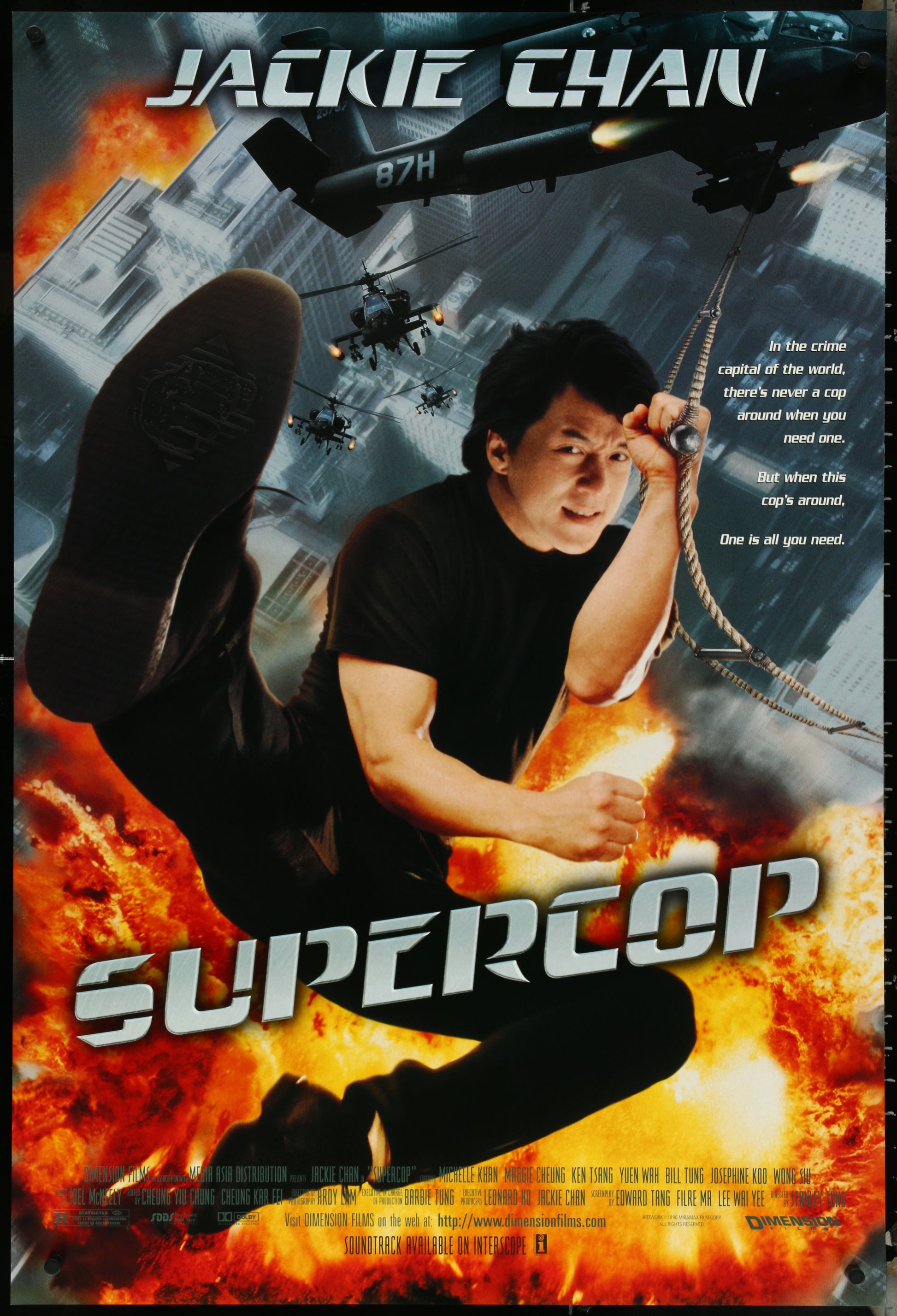 Movie poster for 'Supercop' featuring Jackie Chan in action with text and imagery of fire and helicopters.