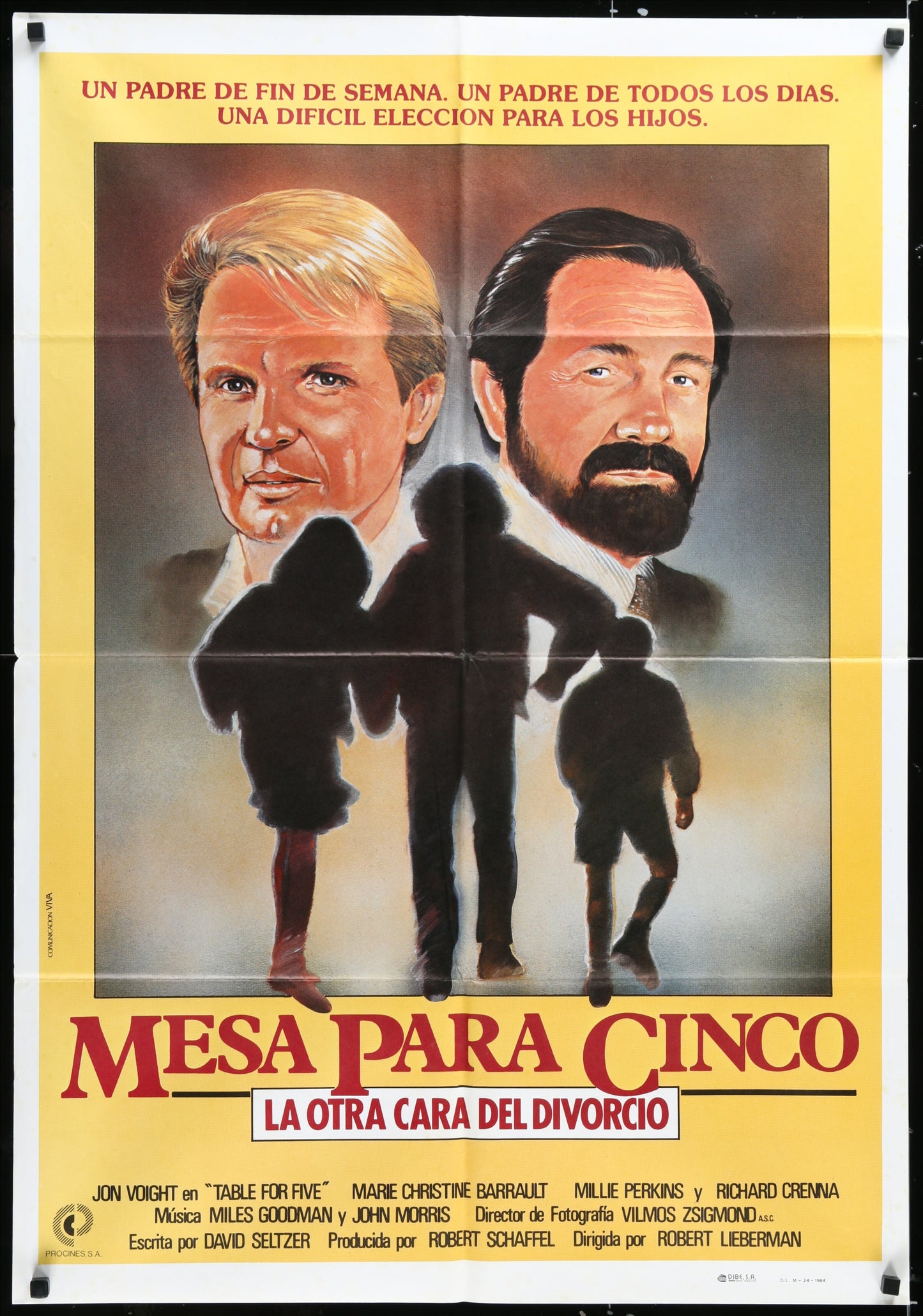 Original movie poster for the 1983 film 'Table For Five' featuring Jon Voight and Richard Crenna, with a yellow background and silhouettes of the actors.