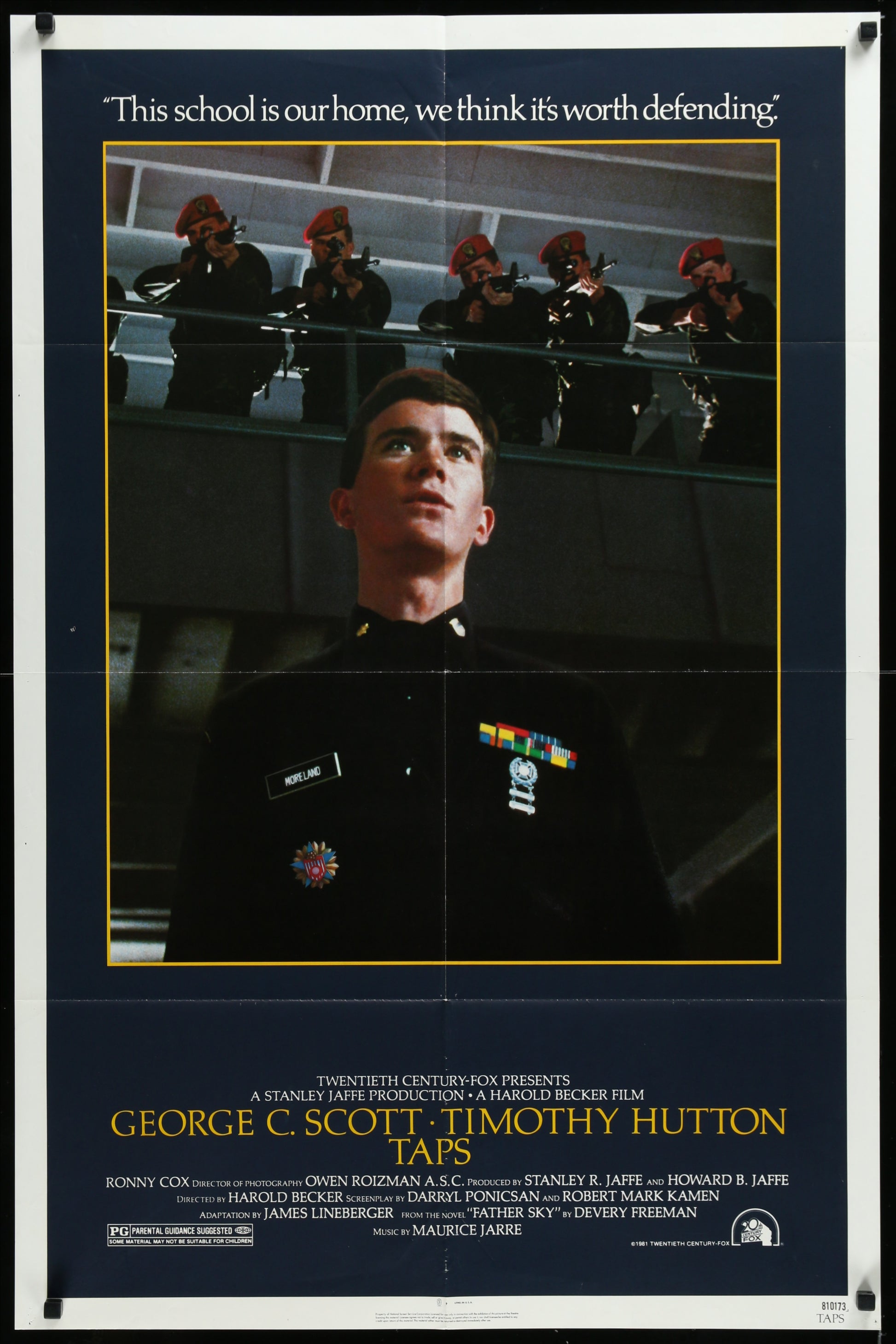 Original US one-sheet movie poster for 'Taps' featuring a black and white image of an adult male with a military uniform, surrounded by other soldiers in the background.