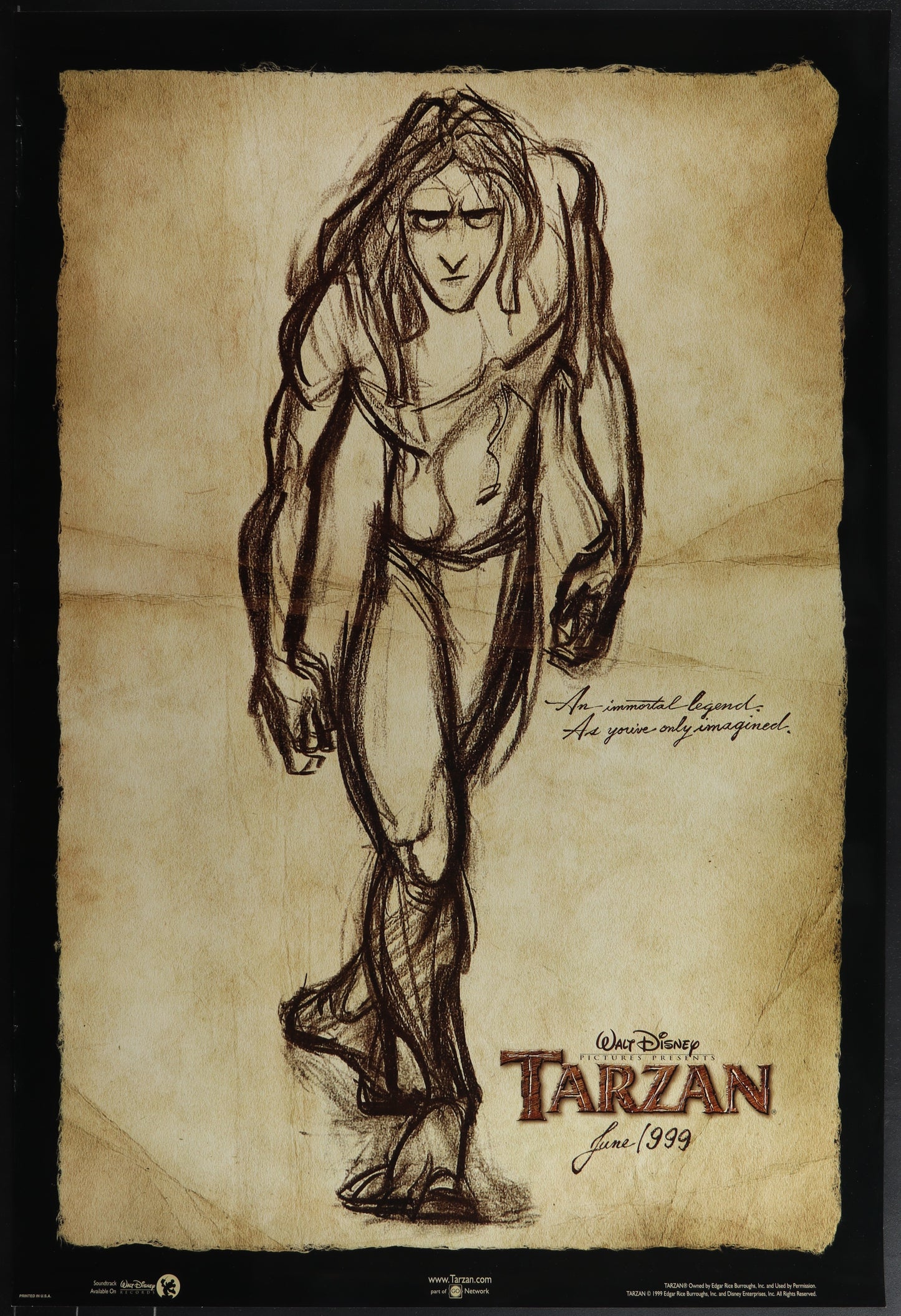 Original US one-sheet movie poster for Tarzan (1999) featuring an illustration of the character Tarzan with a vintage style background.