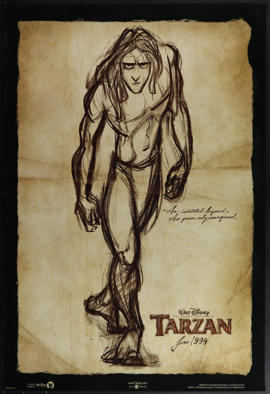 Original US one-sheet movie poster for Tarzan (1999) featuring an illustration of the character Tarzan with a vintage style background.