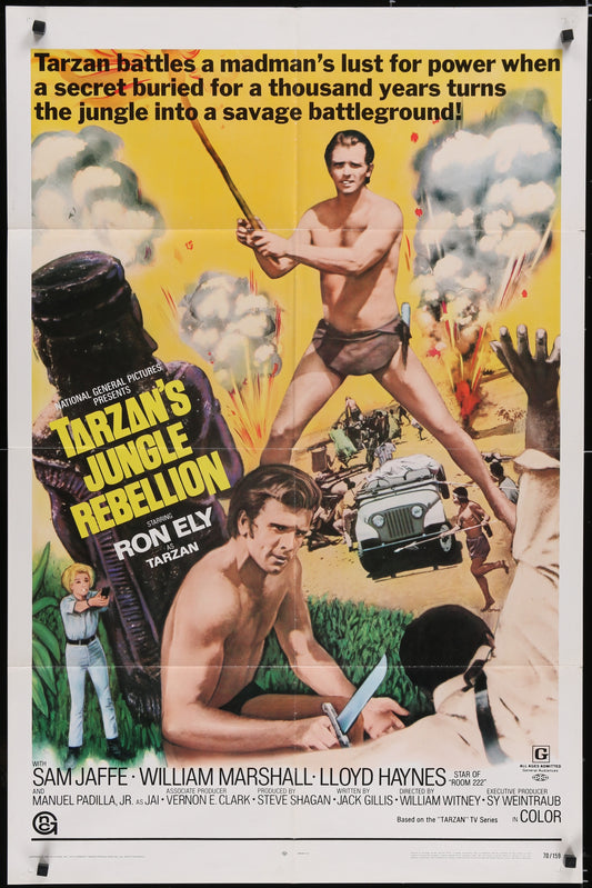 Vintage US one sheet movie poster for 'Tarzan's Jungle Rebellion' featuring an illustration of the main character Tarzan with a jungle backdrop, surrounded by a small army of unseen characters.