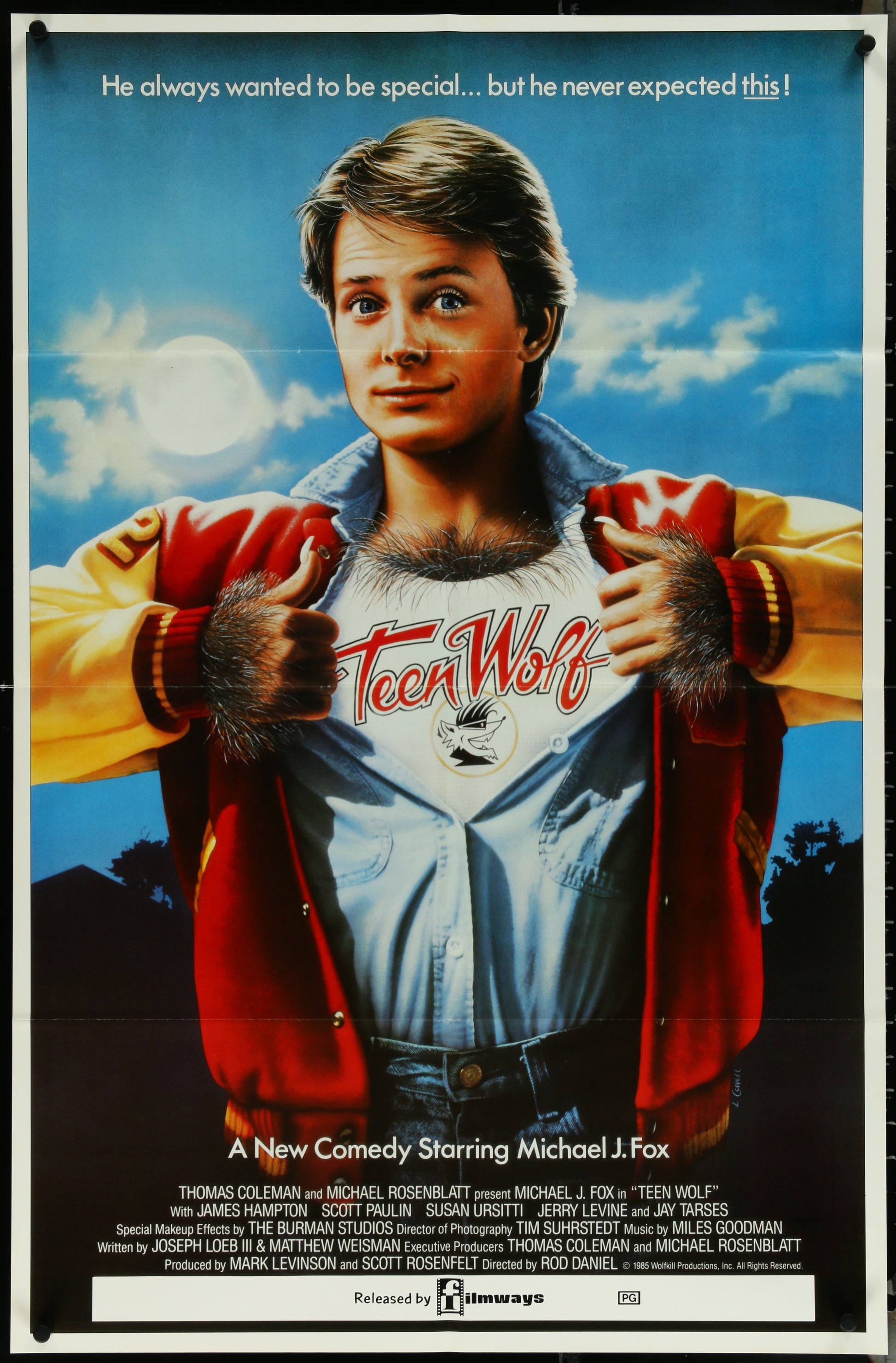 Original Australian one-sheet movie poster for 'Teen Wolf' featuring a character in a red jacket and blue jeans, with a werewolf transformation scene in the background. The movie is directed by Rod Daniel and stars Michael J.