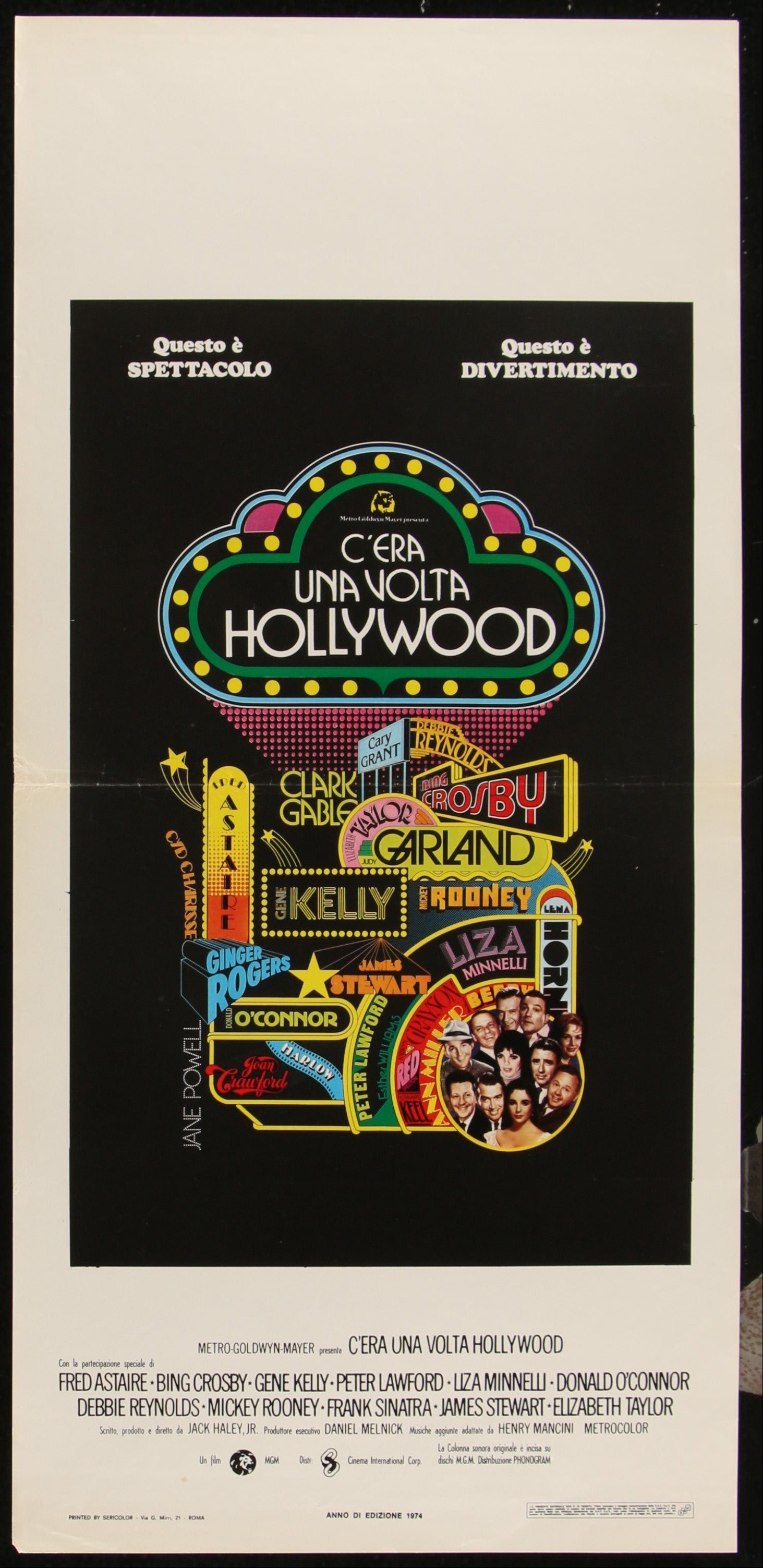 Movie poster for 'Cèra Una Volta Hollywood' with colorful text and images on a black background.