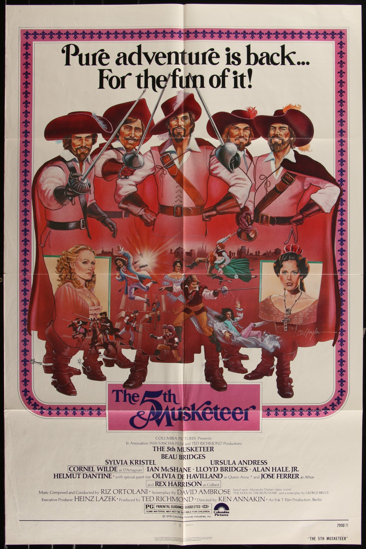 Original one-sheet movie poster for The 5th Musketeer (1979) featuring character portraits of the main cast members, titled sections, and a red background.