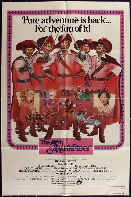 Original one-sheet movie poster for The 5th Musketeer (1979) featuring character portraits of the main cast members, titled sections, and a red background.
