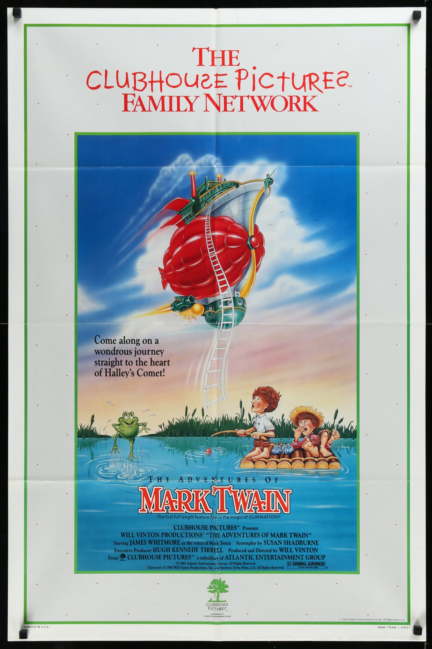 Original US one-sheet movie poster for 'The Adventures Of Mark Twain' featuring animated characters from the film, with a vintage appearance and visible signs of wear.
