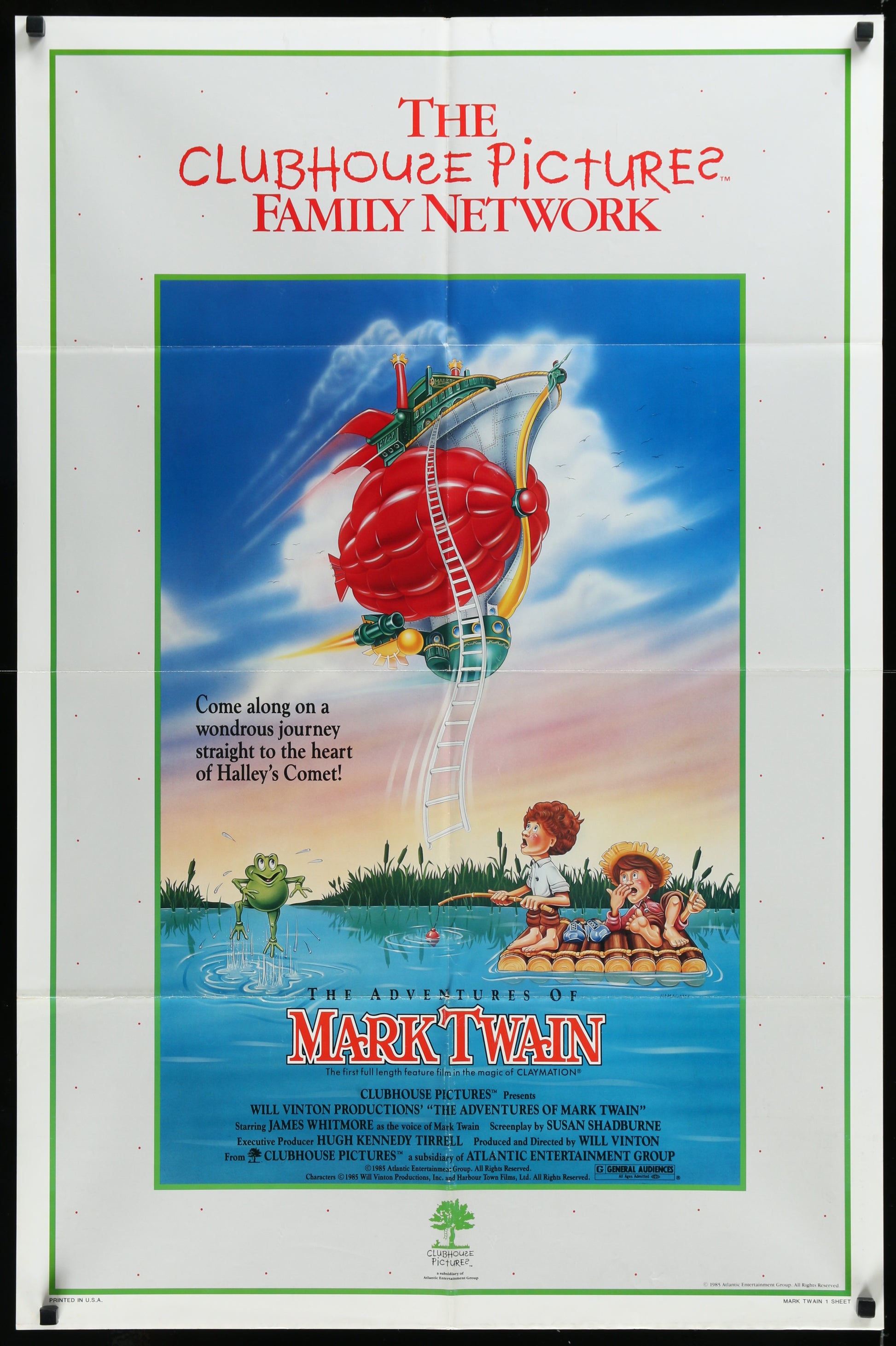 Original US one-sheet movie poster for 'The Adventures Of Mark Twain' featuring animated characters from the film, with a vintage appearance and visible signs of wear.