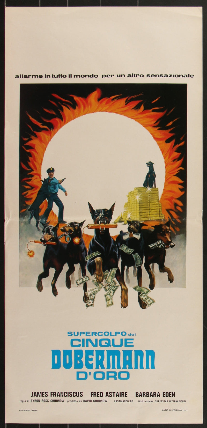 Vintage movie poster for 'Supercolpo Cinque Dobermann D'Oro' with dogs and a doghouse.