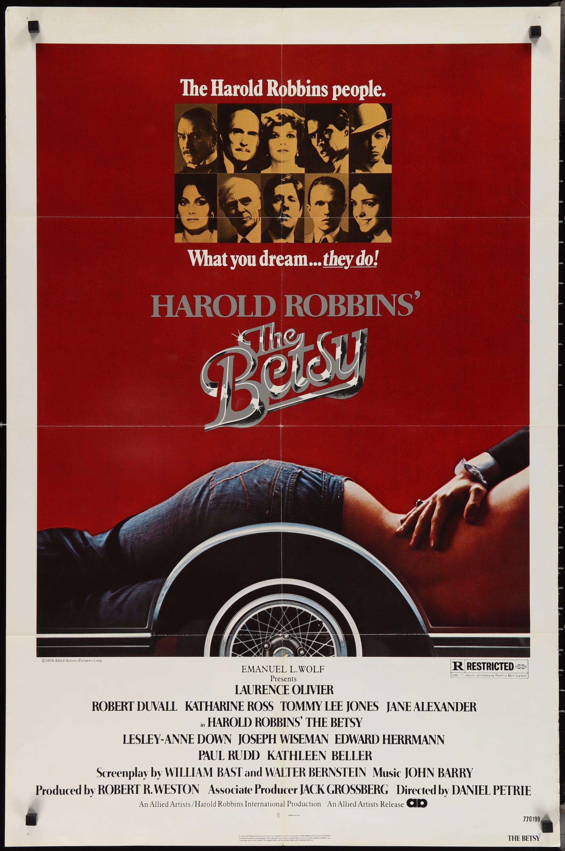 Original US one-sheet movie poster for 'The Betsy' featuring a car scene with a woman's face and the text 'THE BETSY' in large bold letters. The poster is predominantly red with a black car and white text.