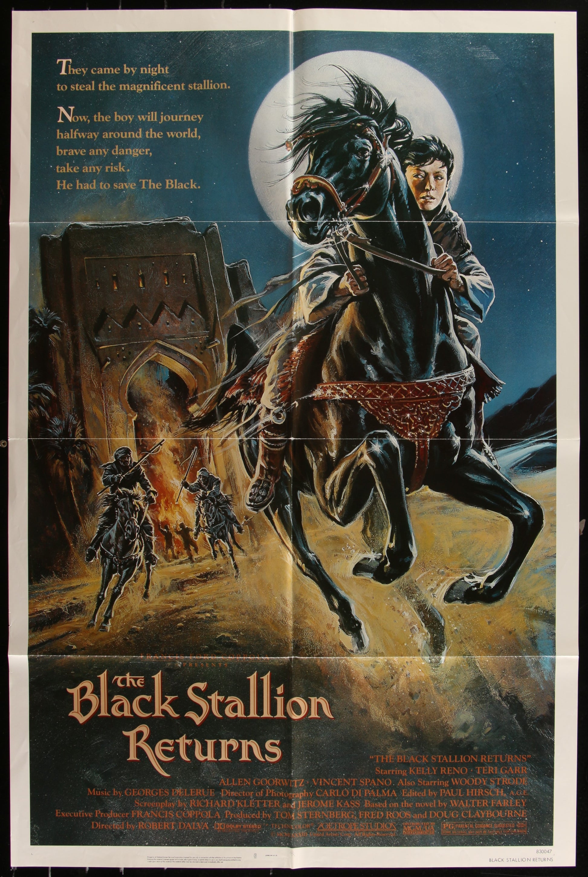 Vintage movie poster for 'The Black Stallion Returns' featuring a silhouette of a man on a horse with a dramatic sky background.