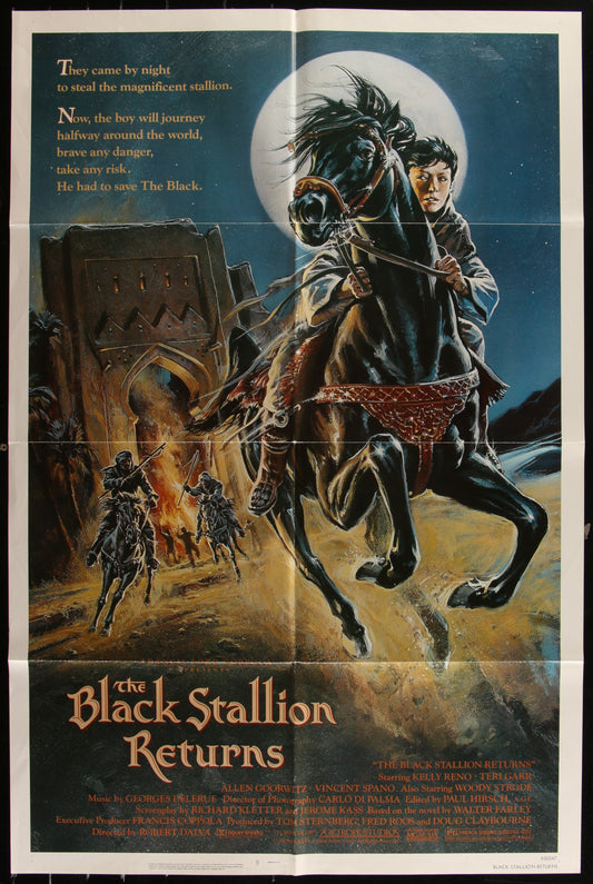 Vintage movie poster for 'The Black Stallion Returns' featuring a silhouette of a man on a horse with a dramatic sky background.