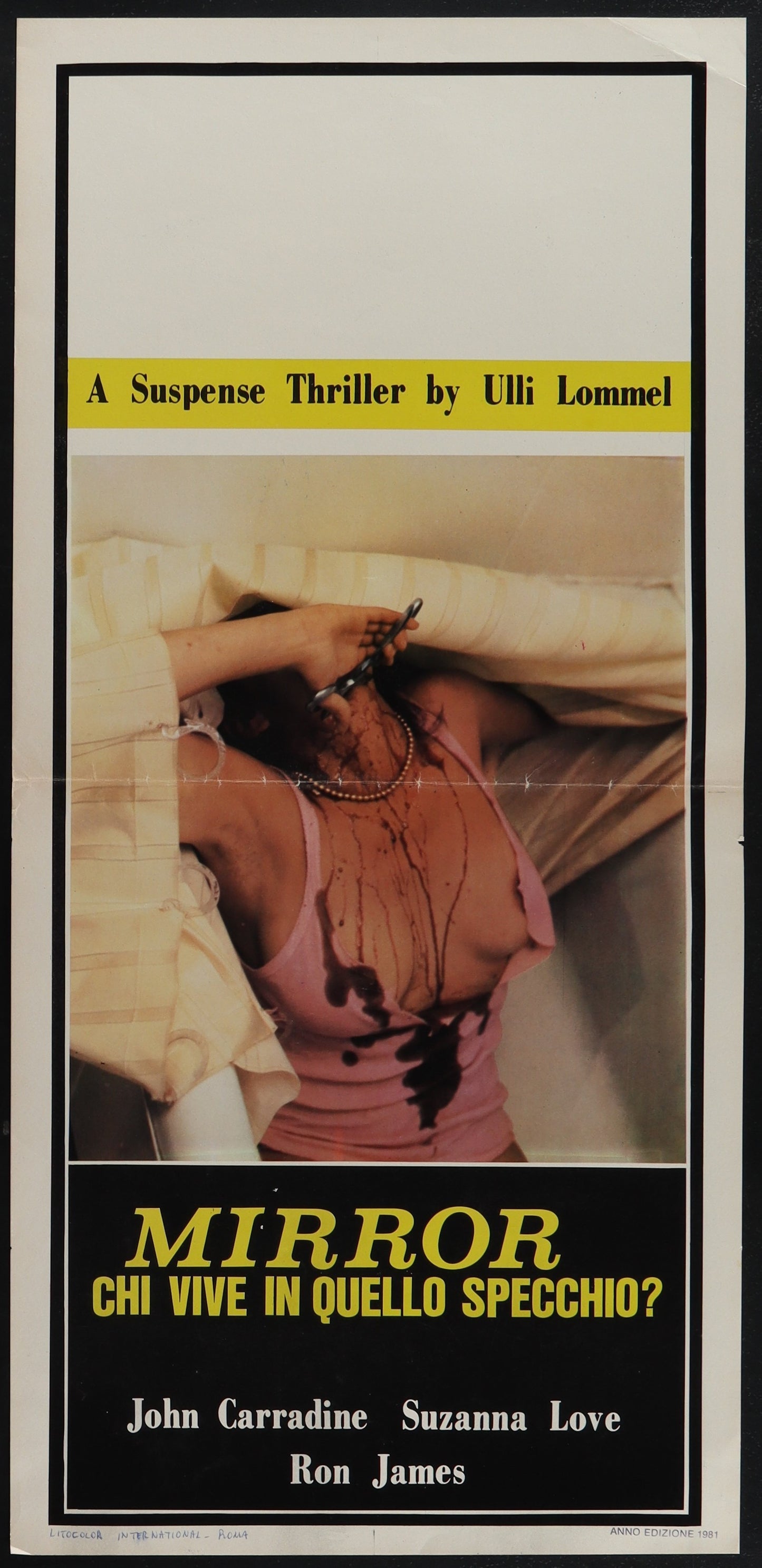 A poster of an Italian horror movie 'The Boogey Man' featuring a woman with a mirrored background, indicating a scene from the film. The poster is in black, white, and red colors with text and credits at the bottom.