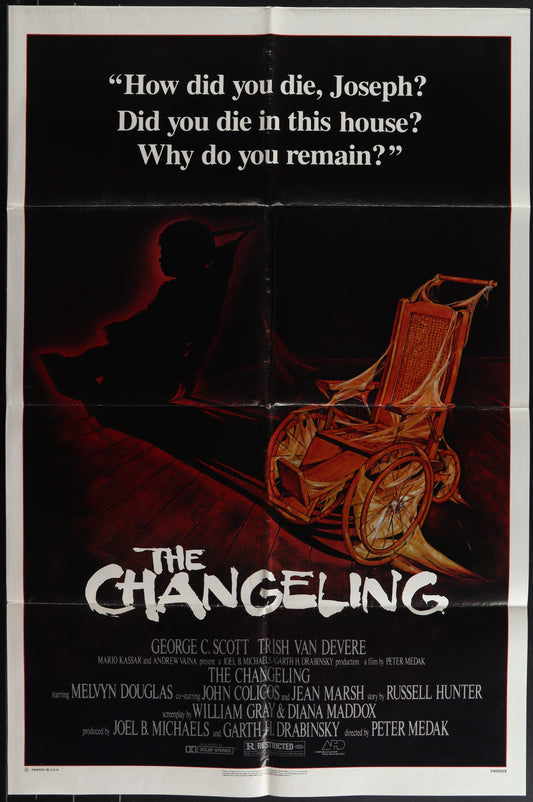 Vintage style movie poster for 'The Changeling' featuring a dark image of a character in a wheelchair with a eerie, dark background.