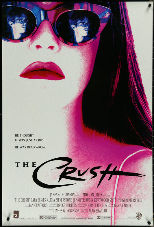 Original US one-sheet movie poster for 'The Crush' featuring a colorful illustration of the main characters with sunglasses and a pink tinted background.