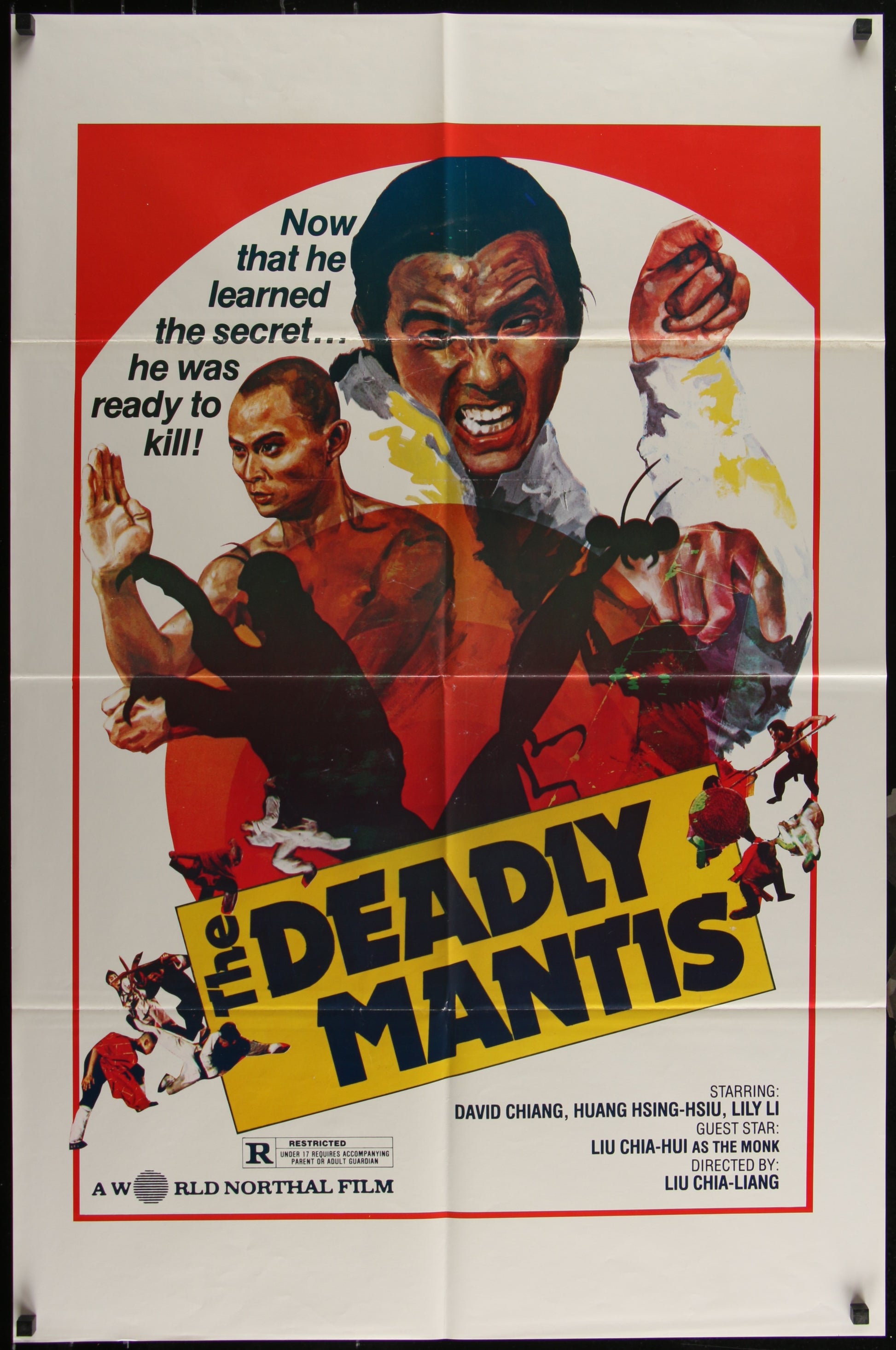 Vintage style movie poster for 'The Deadly Mantis' featuring two male characters in a dramatic pose against a red and yellow background.