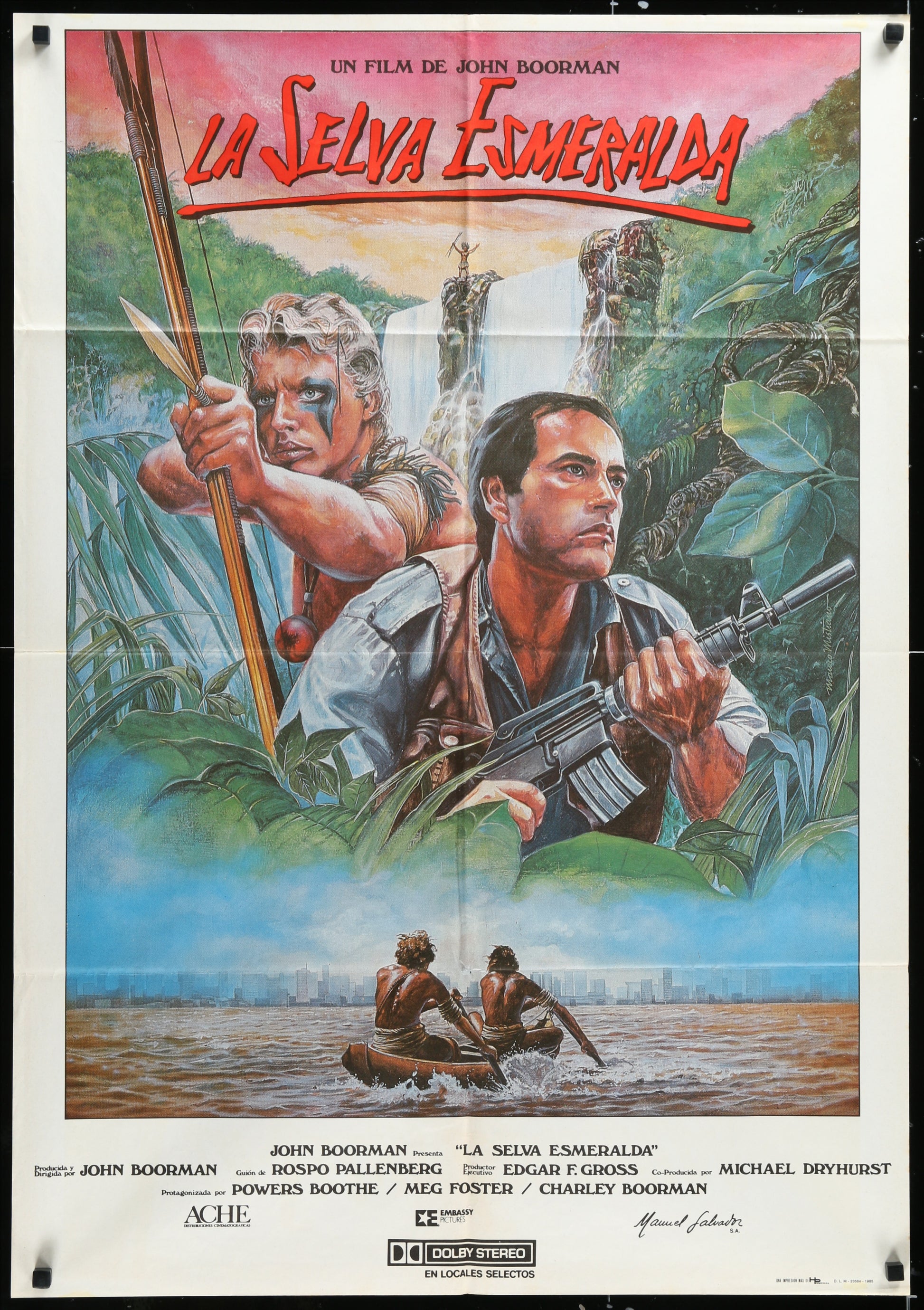 Original Spanish movie poster for 'The Emerald Forest' featuring two men in a jungle setting with a gun and a bow and arrow.