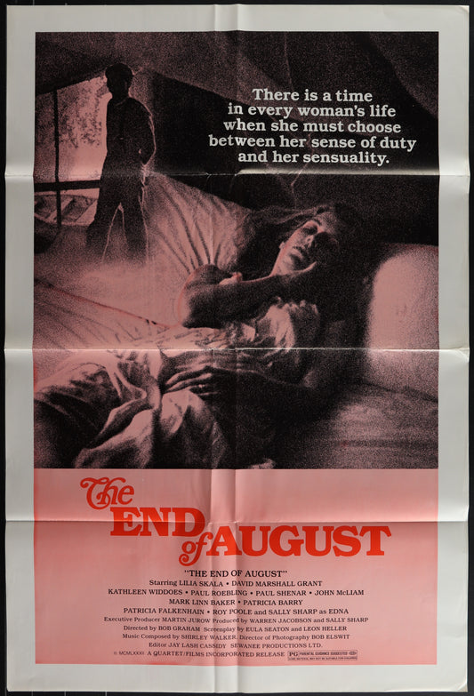 Vintage one-sheet movie poster for 'The End Of August' featuring a woman in a bed with a man standing beside her, indicating a romantic drama genre.