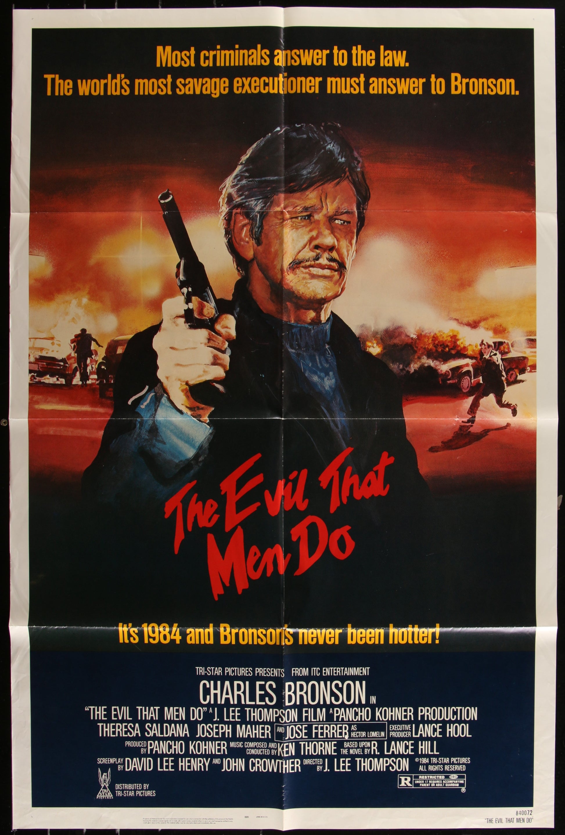 Original US one sheet movie poster for 'The Evil That Men Do' featuring a man with a gun, predominantly black and red tones, with the film title displayed.