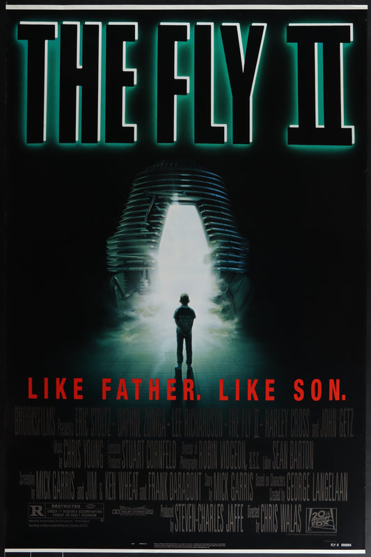 The Fly II movie poster featuring a silhouette of a person standing in front of a glowing structure, with the tagline 'LIKE FATHER. LIKE SON.