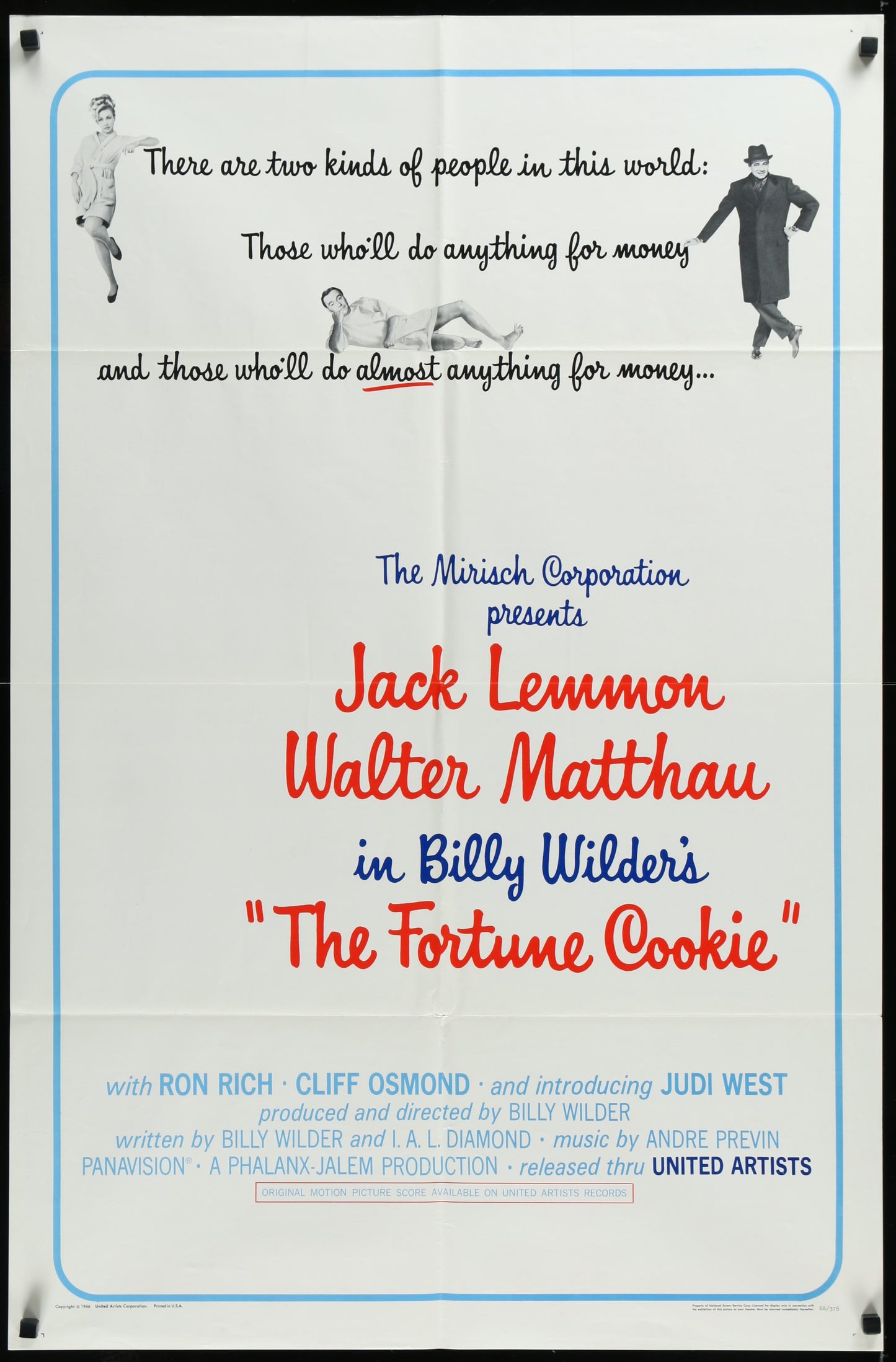 Original folded one-sheet movie poster for 'The Fortune Cookie' featuring images of Jack Lemmon and Walter Matthau, with the movie's title prominently displayed.