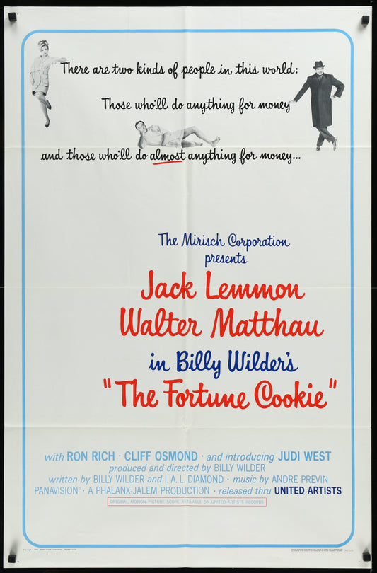 Original folded one-sheet movie poster for 'The Fortune Cookie' featuring images of Jack Lemmon and Walter Matthau, with the movie's title prominently displayed.
