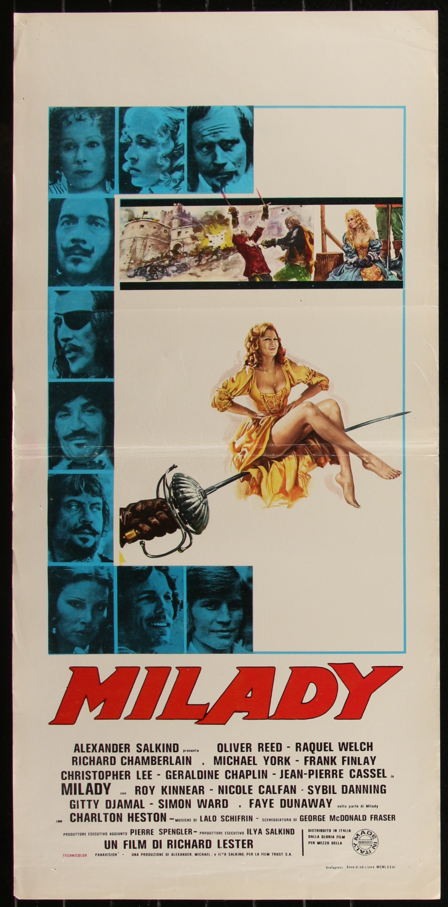 Vintage movie poster for 'Milady' with character portraits and a woman in a yellow dress.